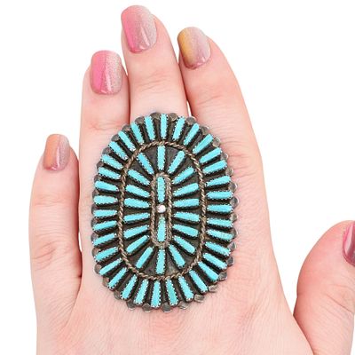Richardson's Trading Post L. BYJOE Navajo Sterling Needlepoint Turquoise Ring Sz. 8.25. Presented 