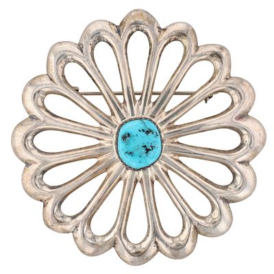 Richardson's Trading Post Signed Navajo Sterling Turquoise Flower Brooch. Presented in 