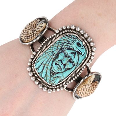 Richardson's Trading Post Redwater Navajo Sterling Carved Fetish Cuff Bracelet. Presented in 