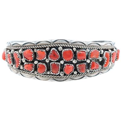 Richardson's Trading Post Anita Whitegoat Navajo Sterling Coral Cuff Bracelet. Presented in 
