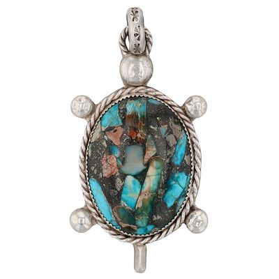 Richardson's Trading Post Signed Vintage Navajo Sterling Turquoise Turtle Pendant. Presented in 