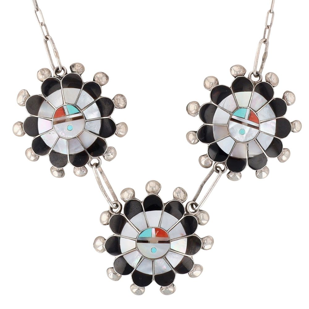 Lot 157: Pauline Lonjose Zuni Sterling Multi-Stone Sunface Inlay Necklace
