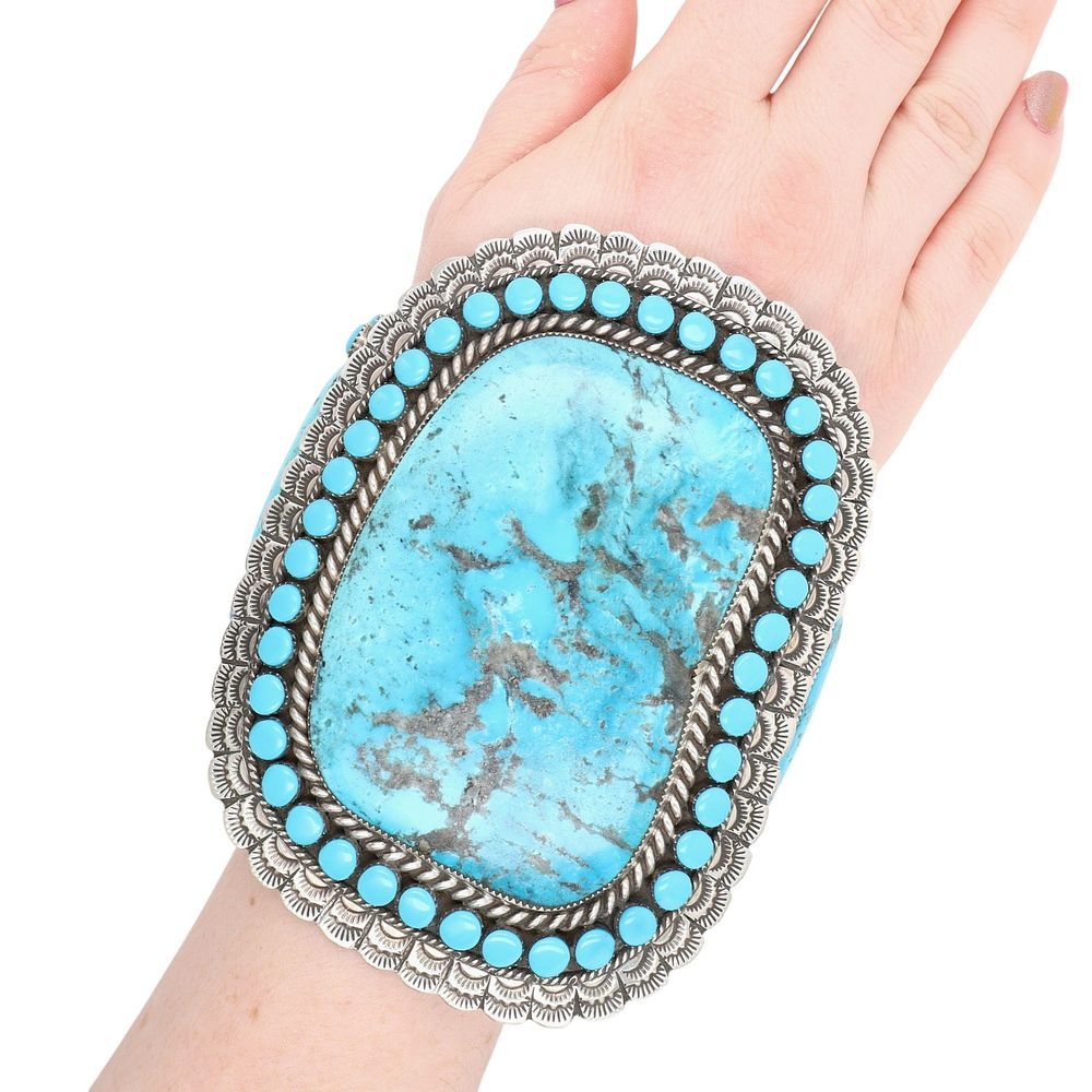Lot 201: HUGE Larry Etcitty Navajo Sterling Kingman Turquoise Cuff Bracelet