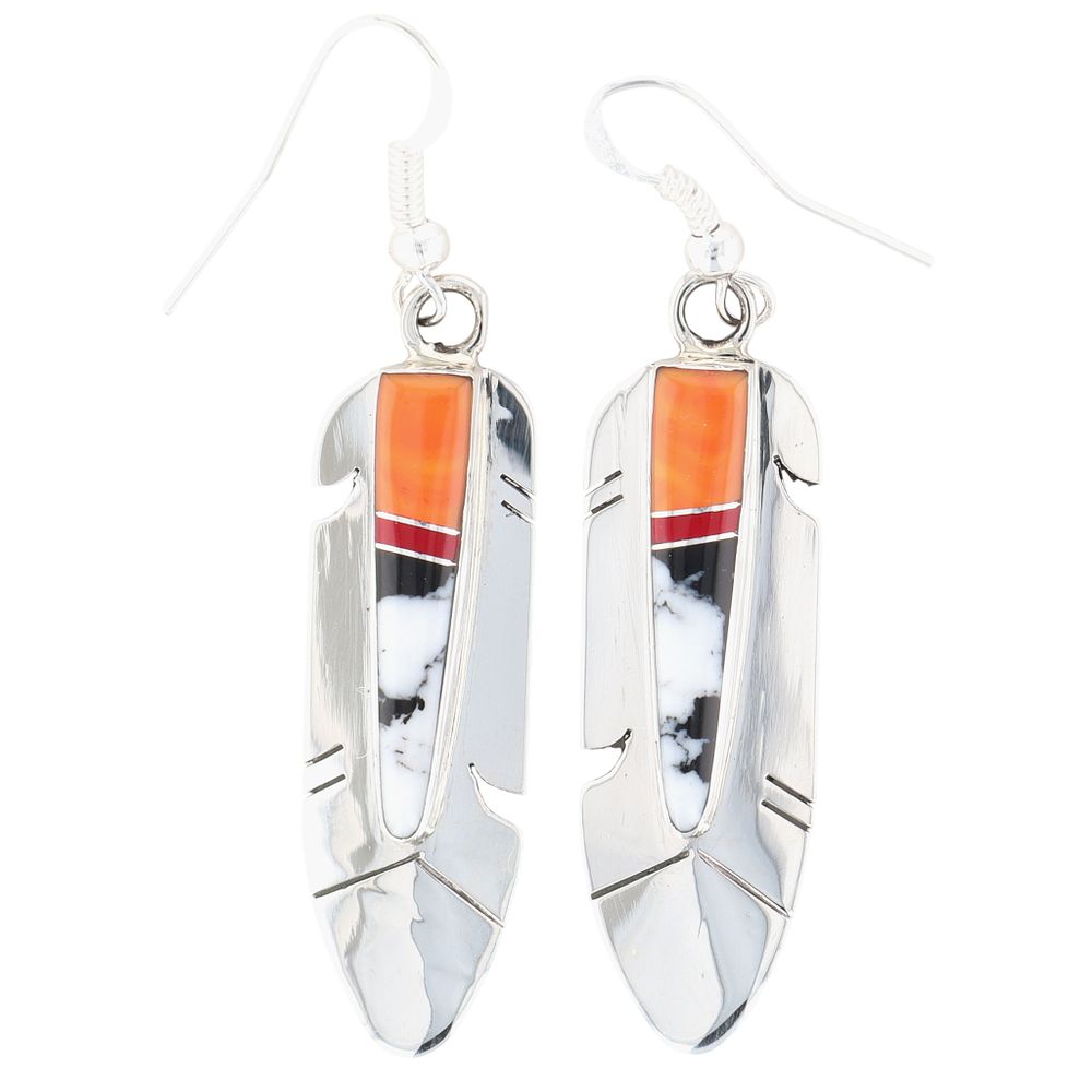 Lot 210: Mary Yazzie Navajo Sterling Multi-Stone Inlay Feather Hook Earrings