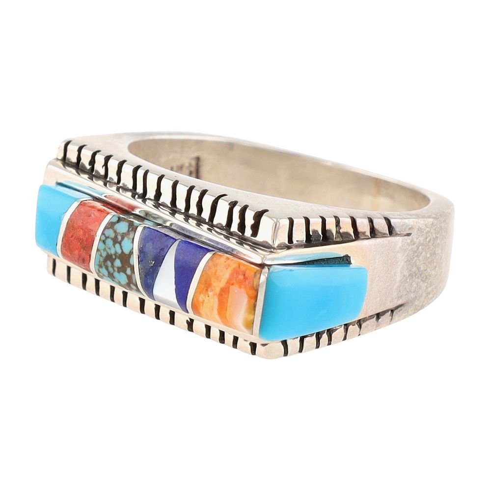 Lot 214: Calvin Begay Navajo Sterling Multi-Stone Raised Inlay Ring Sz. 7