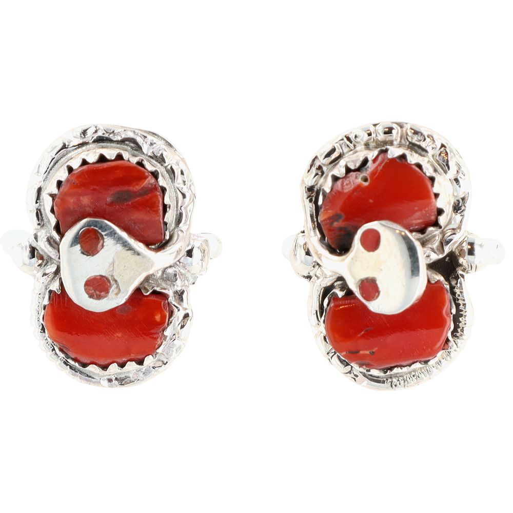Lot 232: Effie Calavaza Zuni Sterling Red Coral Snake Stud Earrings
