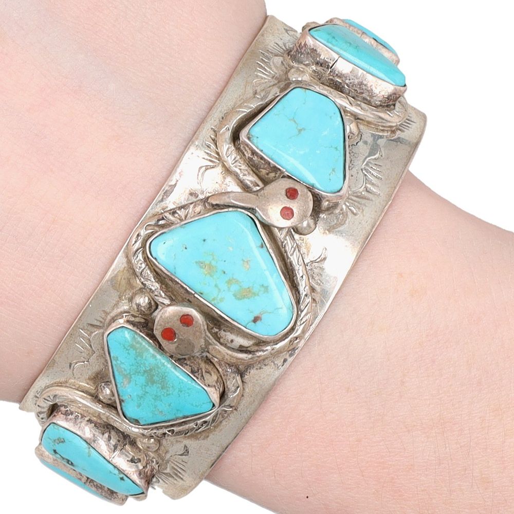 Lot 235: Jude Candelaria Zuni Sterling Multi-Stone Snake Cuff Bracelet