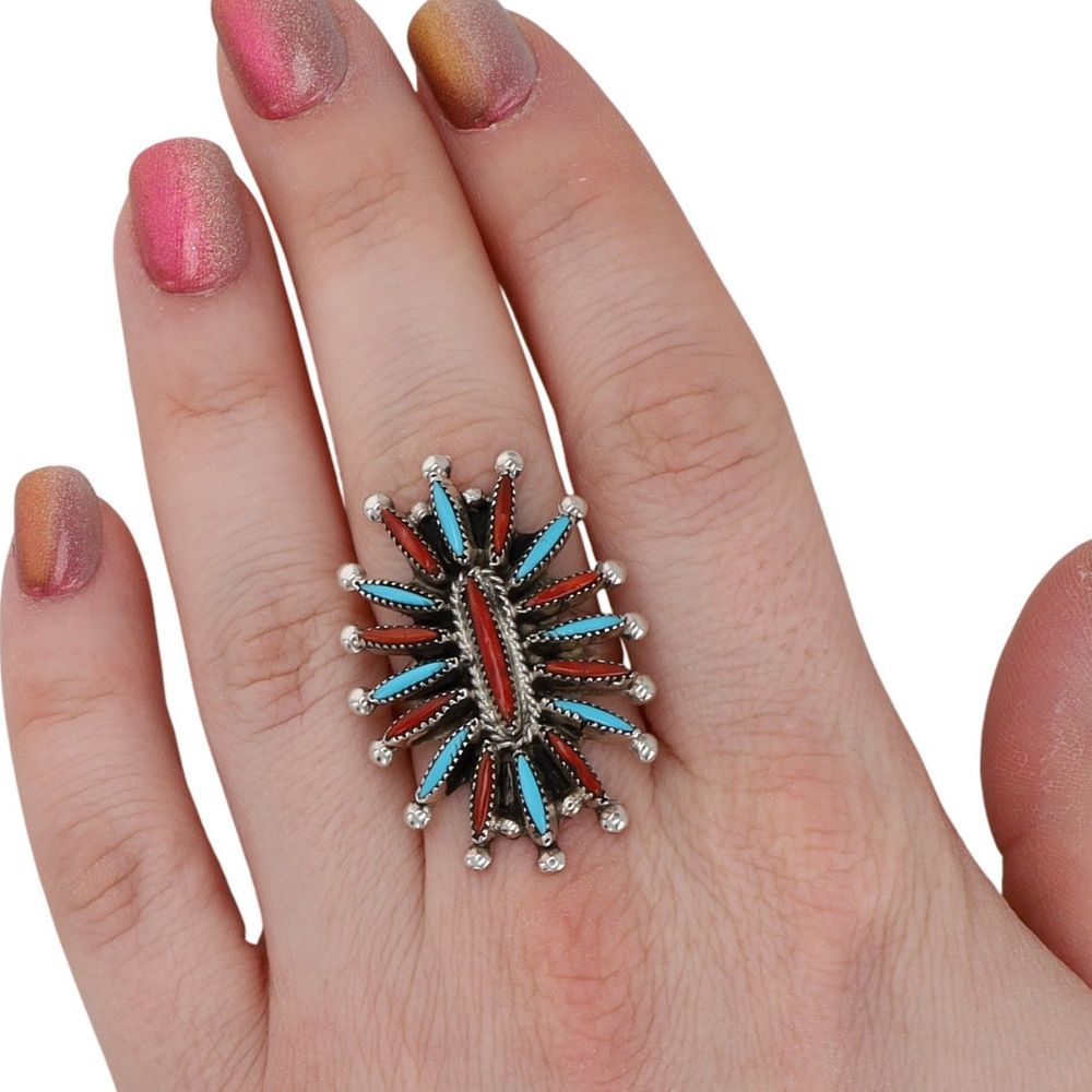 Lot 236: Gerald E. Zuni Sterling Multi-Stone Needlepoint Ring Sz. 9