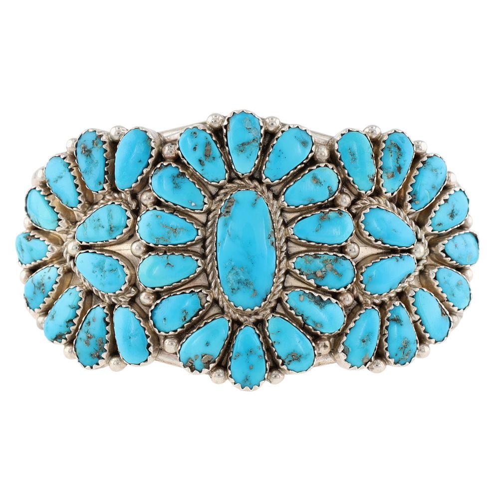 Lot 240: Justin & Saraphina Wilson Navajo Sterling Turquoise Cluster Cuff Bracelet