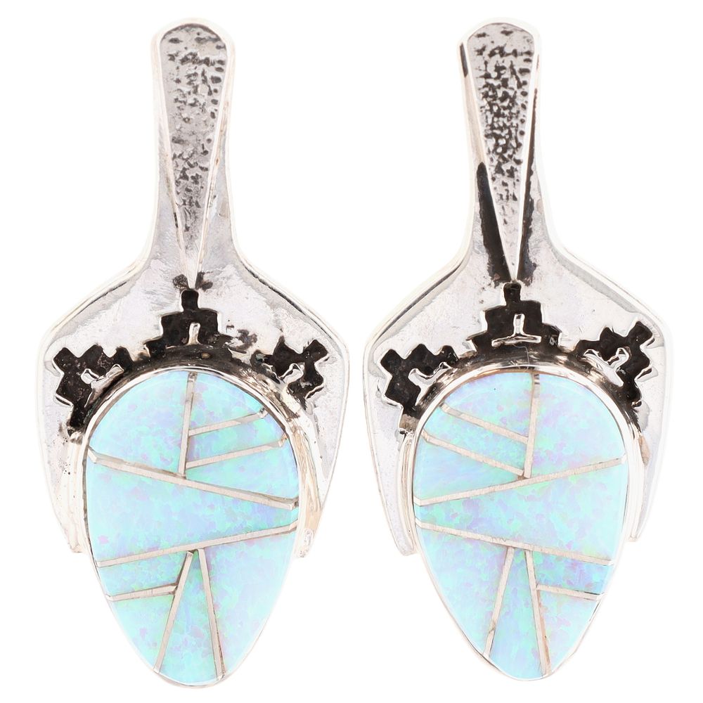 Lot 247: Calvin Begay Navajo Sterling Opal Inlay Stud Earrings