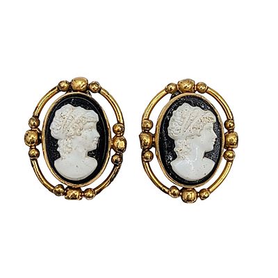 VIntage Sterling Silver Gold Metal Faux Cameo Clip Back Earrings. Trifari 1940's Gold Tone Metal 