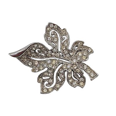 Hedy Silver Tone Metal Rhinestone Leaf Swirl Brooch. Hedy Silver Tone Metal, Rhinestone Leaf 