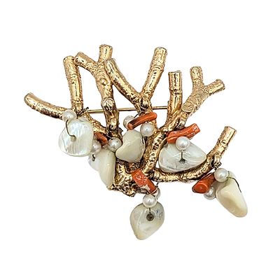 Vintage Gold Tone Metal Coral Pearl Mother of Pearl Cluster Brooch. Vintage Gold Tone Metal 