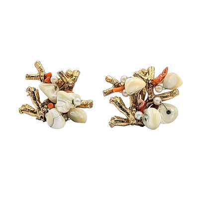 Vintage Gold Tone Metal Coral Pearl Mother of Pearl Cluster Clip Earrings. Vintage Gold Tone 