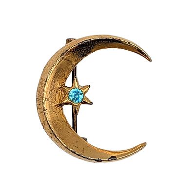 Vintage Gold Tone Metal Rhinestone Celestial Moon Brooch. Vintage Gold Tone Metal, Rhinestone 