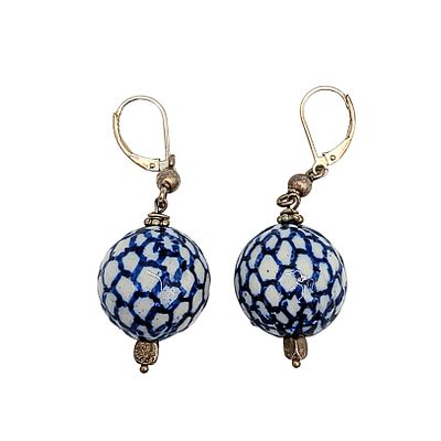 Signed Sterling Silver Chinese Export Porcelain Bead Earrings. Signed Sterling Silver, Chinese 
