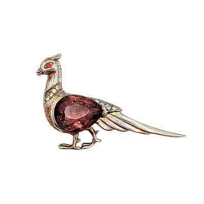 Reja Vermeil Sterling Violet Pheasant Brooch. Reja Vermeil Sterling Silver, Rhinestone Pheasant 
