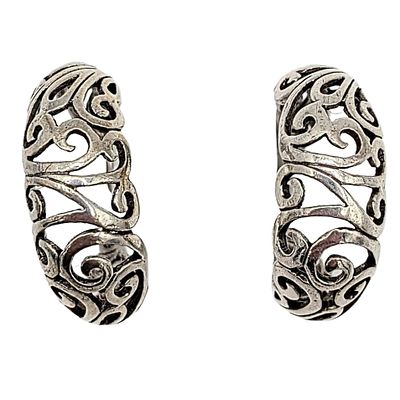 Sterling Silver Scroll Cut Hoop Earrings. Signed 925. 9.7g