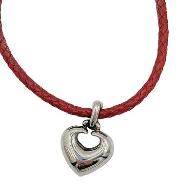 Espo Sterling Silver Leather Heart Pendant Necklace. Espo Sterling Silver, Red Woven Leather 