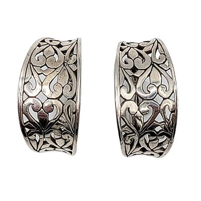 Firenze Sterling Silver Scroll Cut Hoop Earrings. Signed Firenze 925. 10.3g