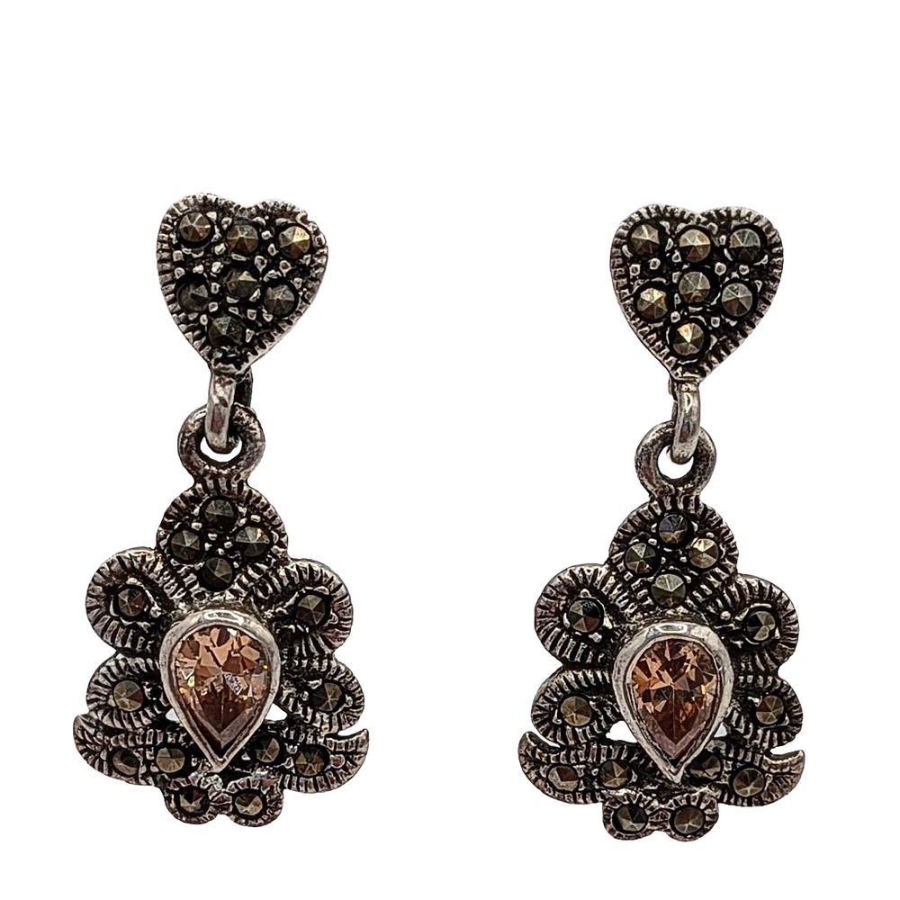 Lot 155: Signed Sterling Silver Marcasite CZ Heart Dangle Earrings