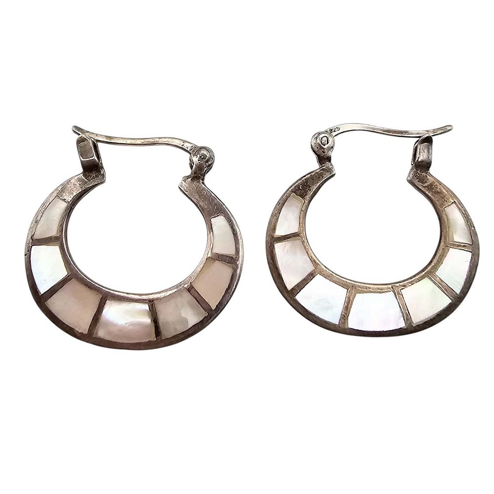 Lot 290: M Mother Of Pearl Sterling Silver Hoop Earrings 2.8 G