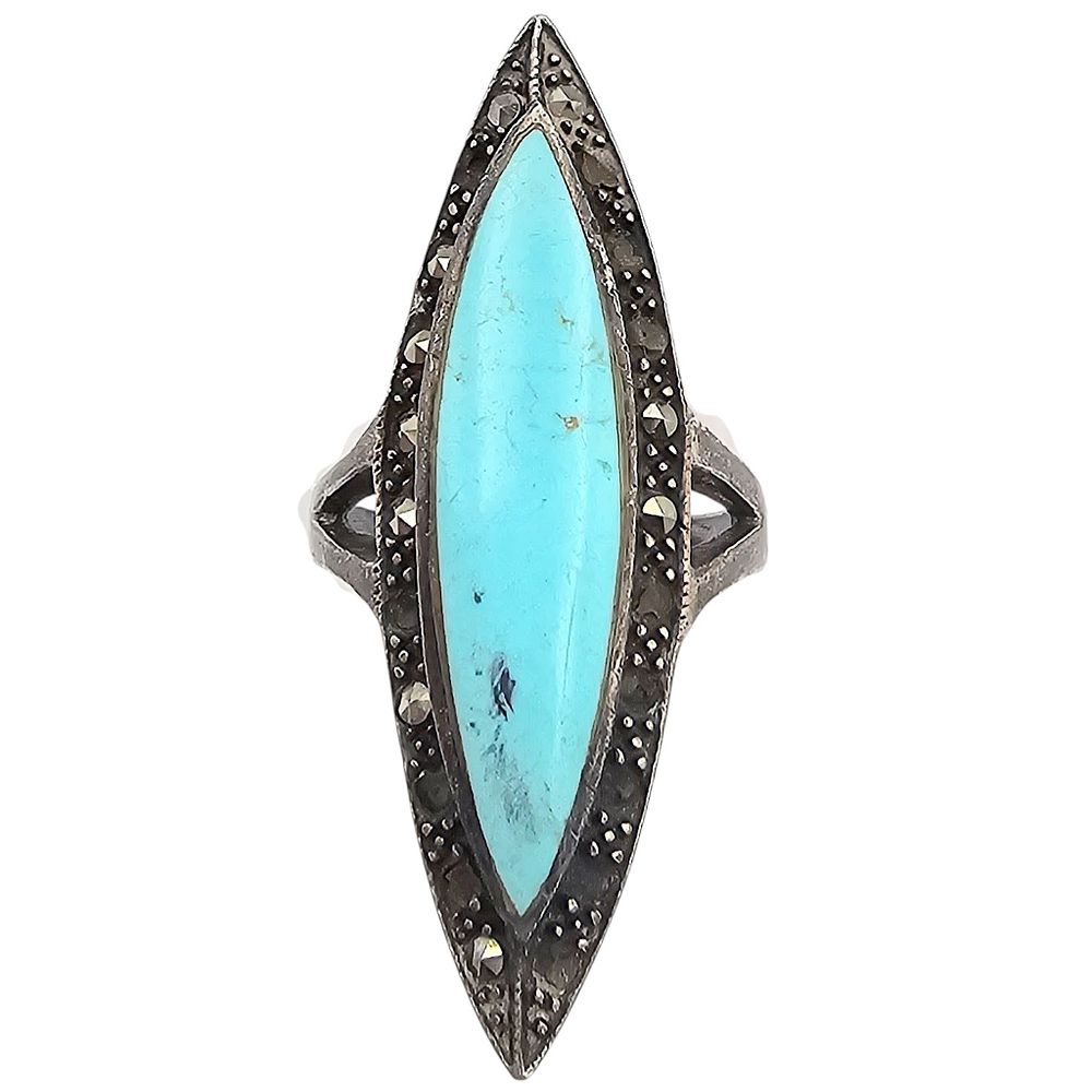 Lot 521: Marcasite Turquoise Sterling Silver Ring Size 8 6.8 G