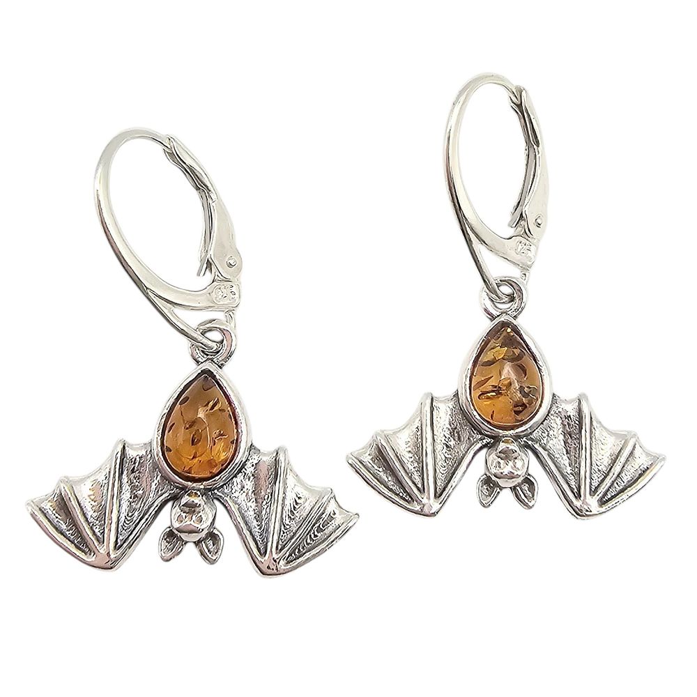 Lot 552: Amber Sterling Silver Bat Drop Dangle Earrings 4.4 G