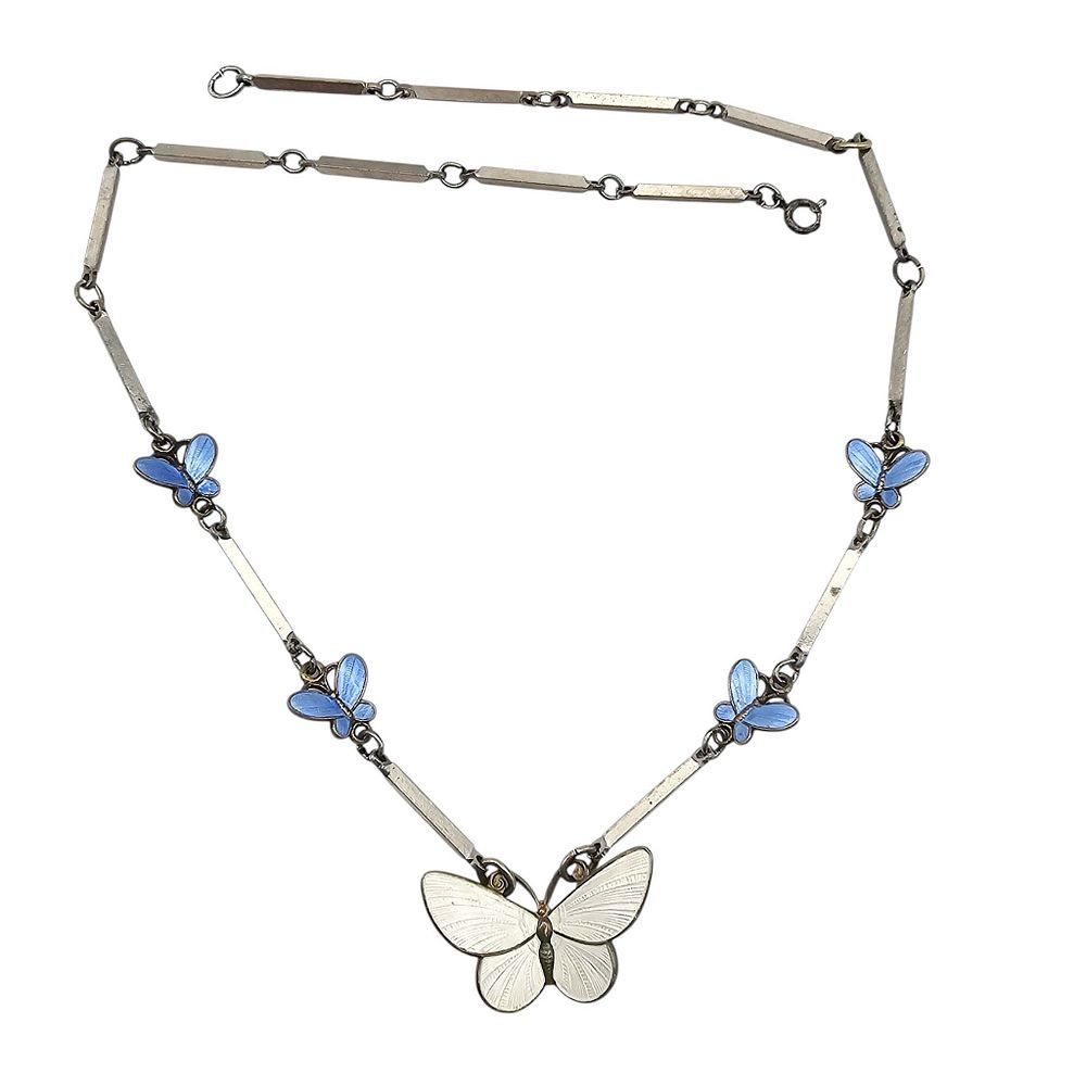 Lot 577: David Andersen Norway Enamel Sterling Silver Butterfly Necklace 15.2 G