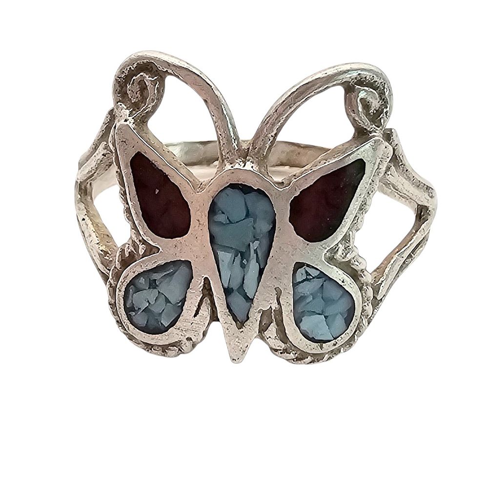 Lot 579: Navajo Crushed Coral Turquoise Sterling Silver Butterfly Ring Size 5.5 2.2 G
