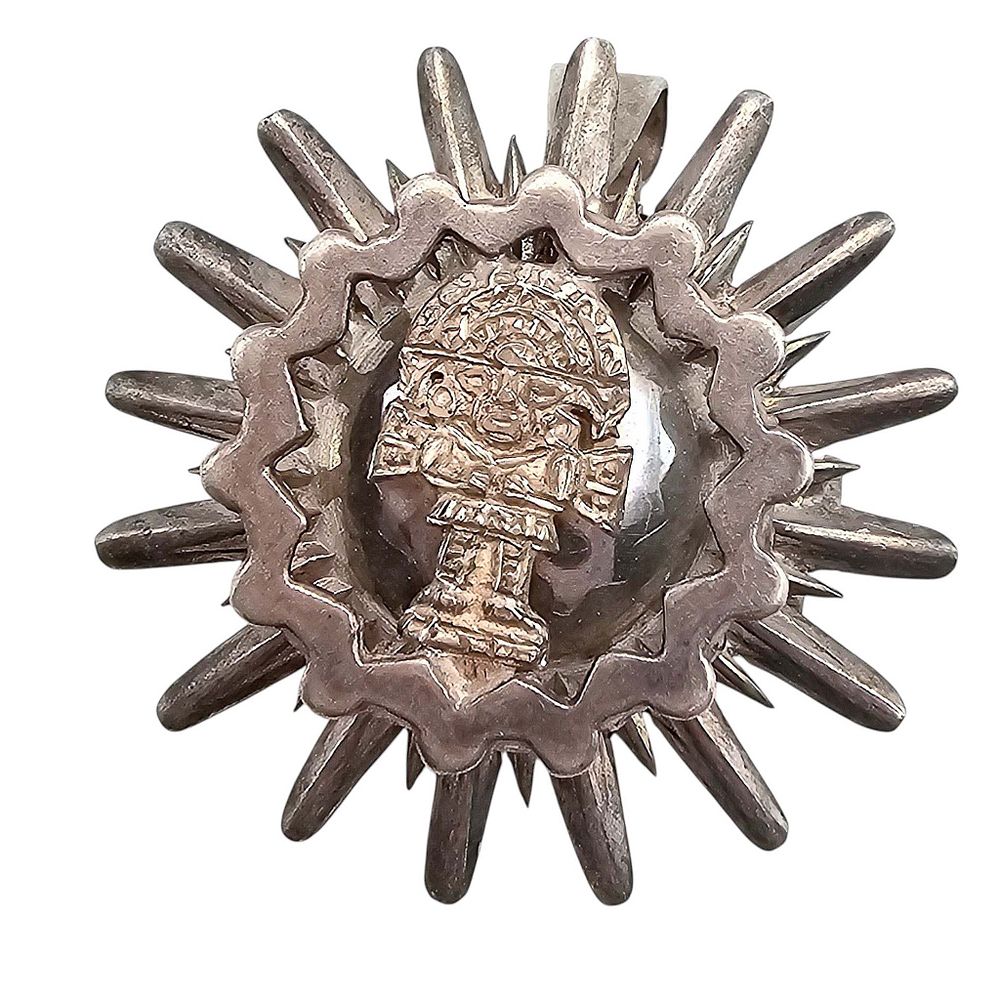 Lot 587: Sterling Silver Aztec Sun Brooch Pendant 6.2 G