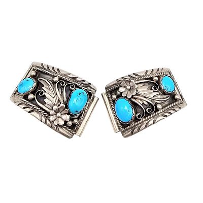 Carlos Navajo Turquoise Sterling Silver Floral Watch Nibs 18.5 G