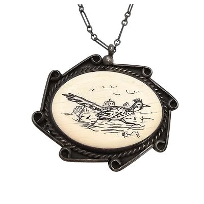 Jim Red Feather Sterling Silver Bone Roadrunner Necklace 25.6 G