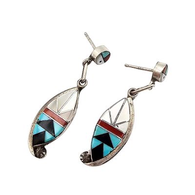 T Sheama Multi-Stone Sterling Silver Inlay Drop Dangle Earrings 4.3 G. T Sheama Multi-Stone 