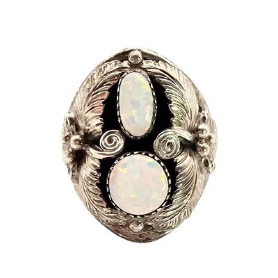 Wilson Padilla Navajo Opal Sterling Silver Leaf Design Ring Size 10.5 10.8 G