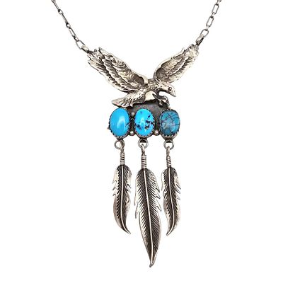 Navajo Turquoise Sterling Silver Eagle Feather Necklace 19 G