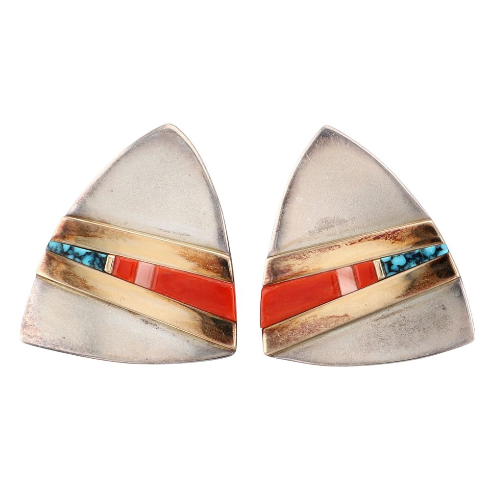 Lot 171: Rare Sonwai Verma Nequatewa Hopi Turquoise and Coral Inlay Earrings