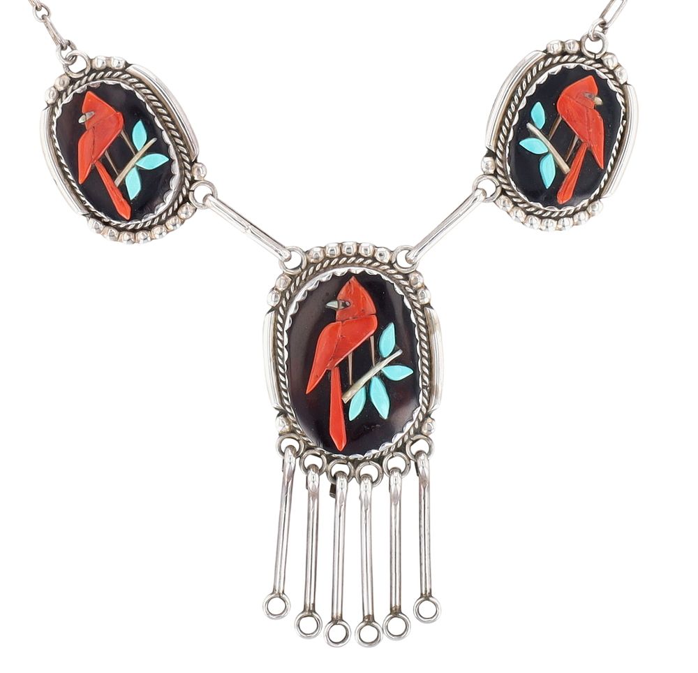 Lot 180: Kenny Calavaza Zuni Cardinal Inlay Necklace