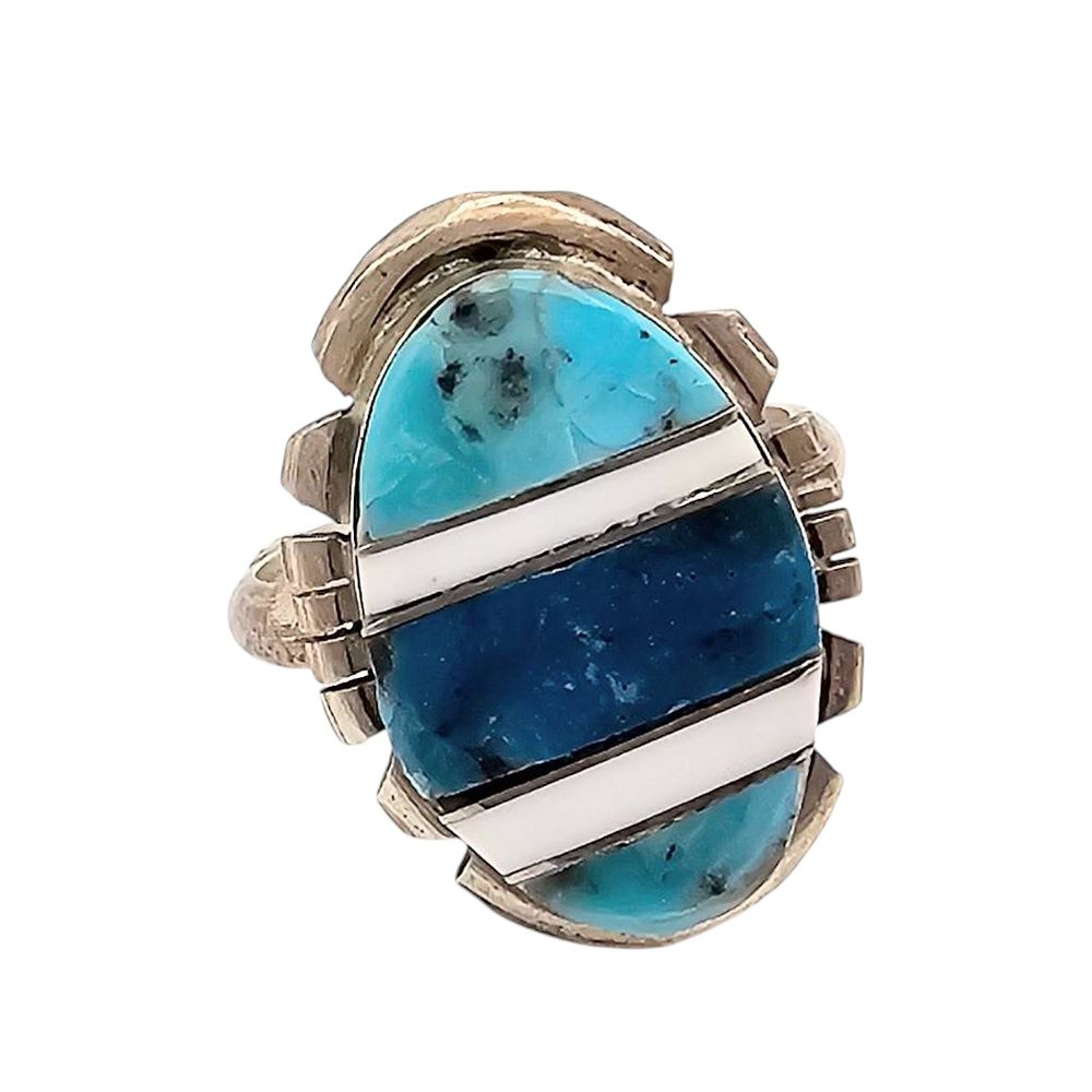 Lot 162: Brandon Etcity Sterling Silver Navajo Multi-Stone Inlay Ring Size 7.5