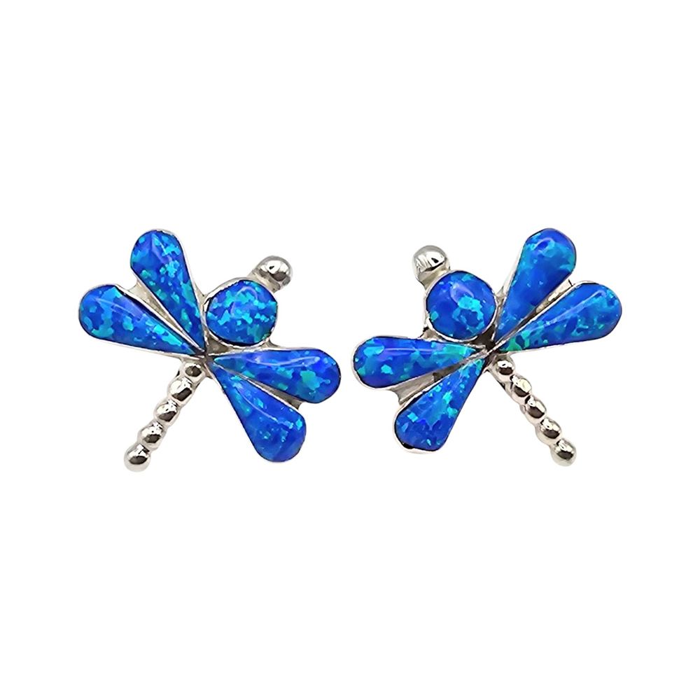 Lot 164: Swain Charley Zuni Handmade Sterling Silver Blue Opal Dragonfly Earrings