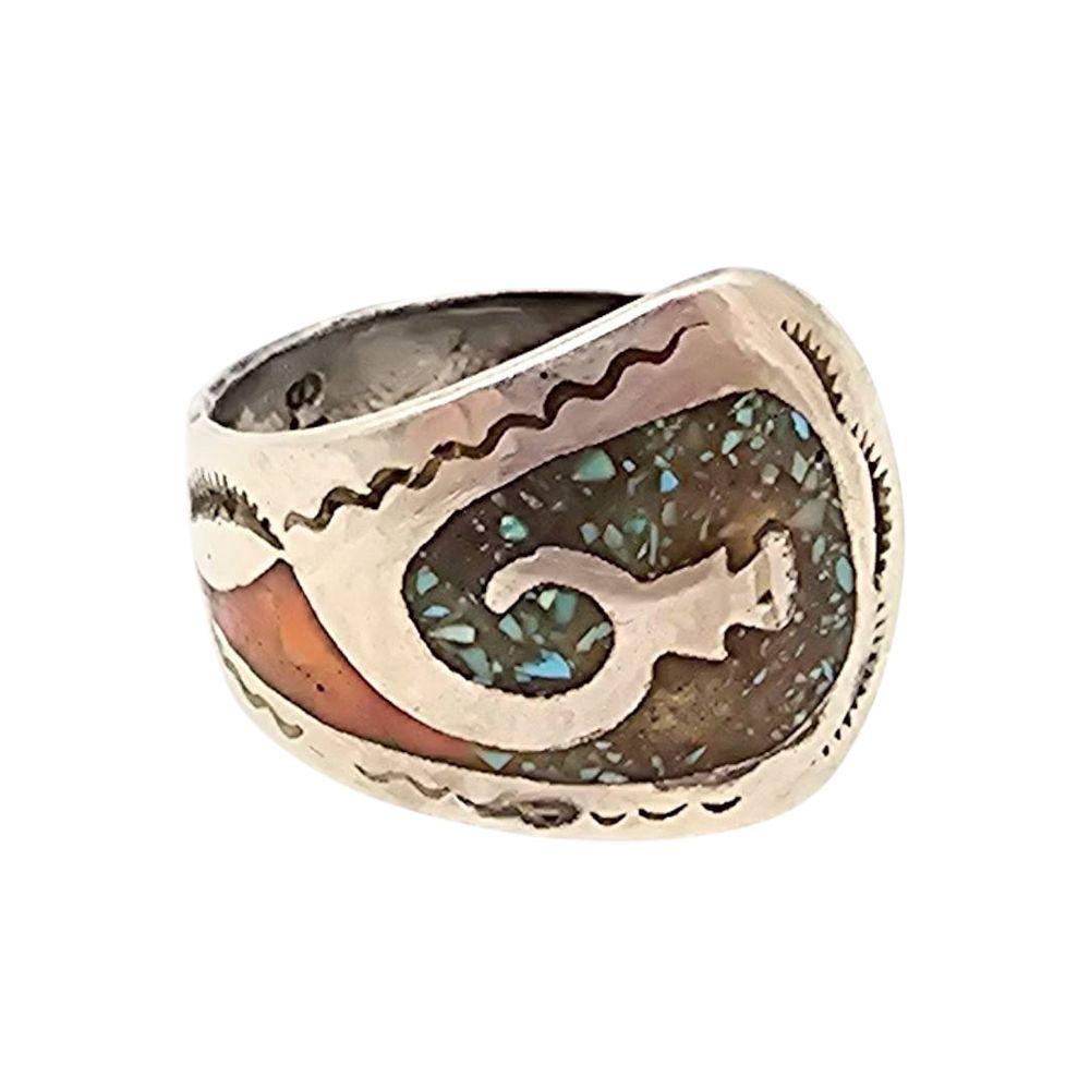 Lot 170: Juan Singer Navajo Sterling Silver Coral Turquoise Ring Size 9.25