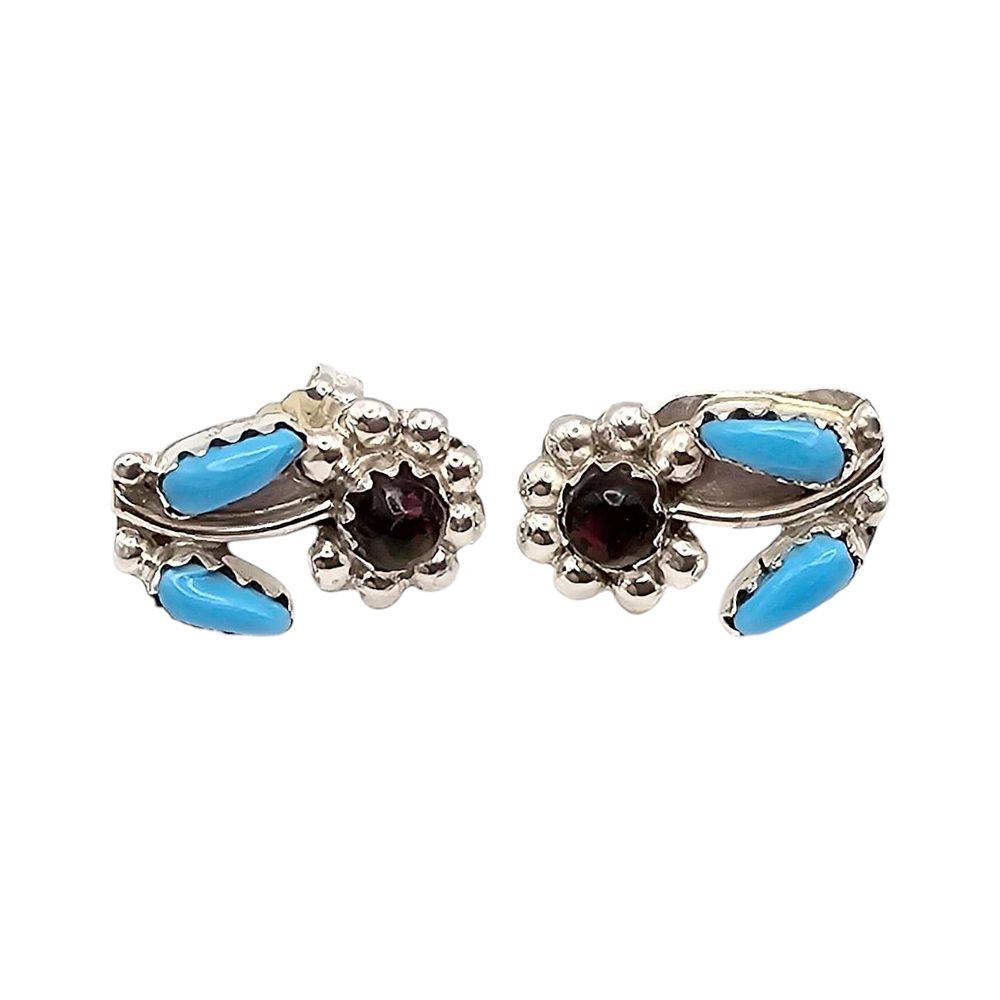Lot 192: Zuni by Erva Quam Sterling Silver Flower Turquoise Garnet Accents Earrings