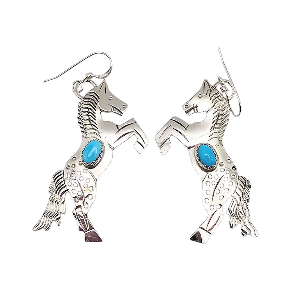 Lot 197: Navajo Louise Yazzie Sterling Silver Turquoise Inlay Horse Earrings