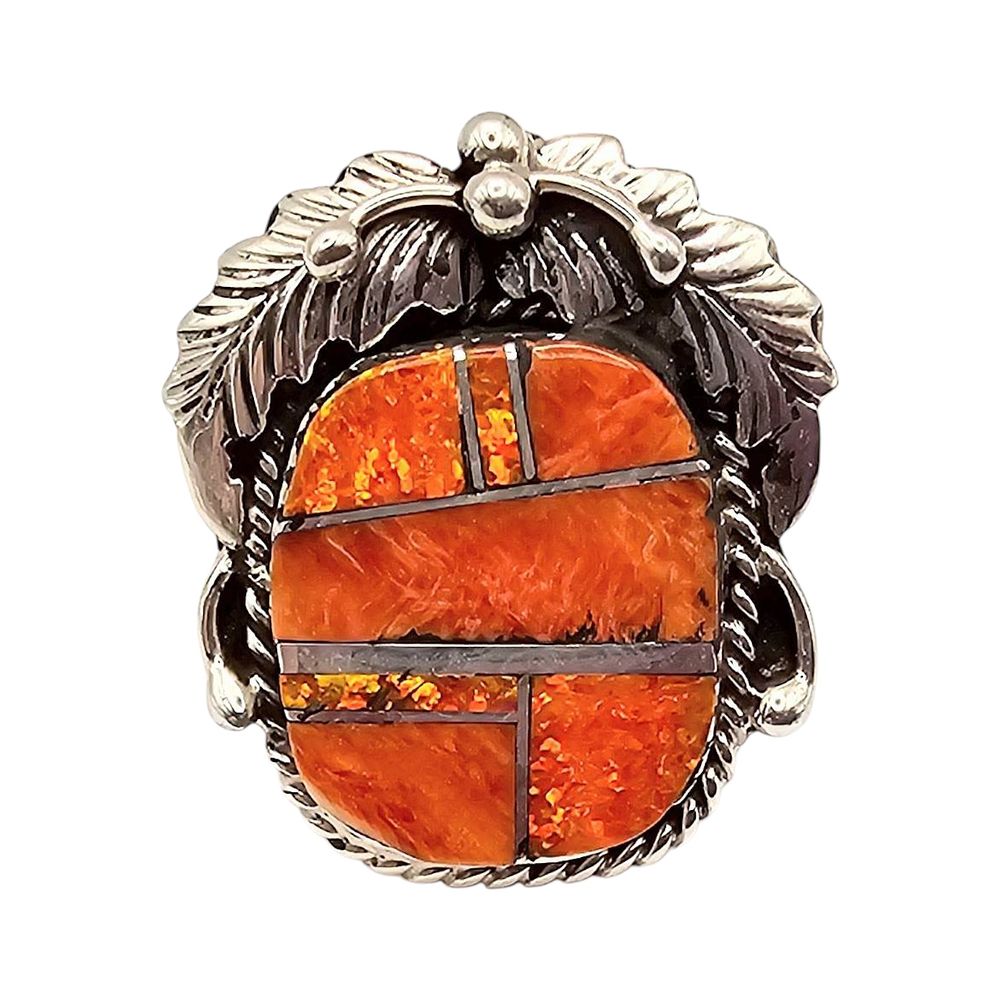 Lot 216: Sterling Silver Inlaid Opal Spiny Oyster Stone Ring with Design Size 7.5