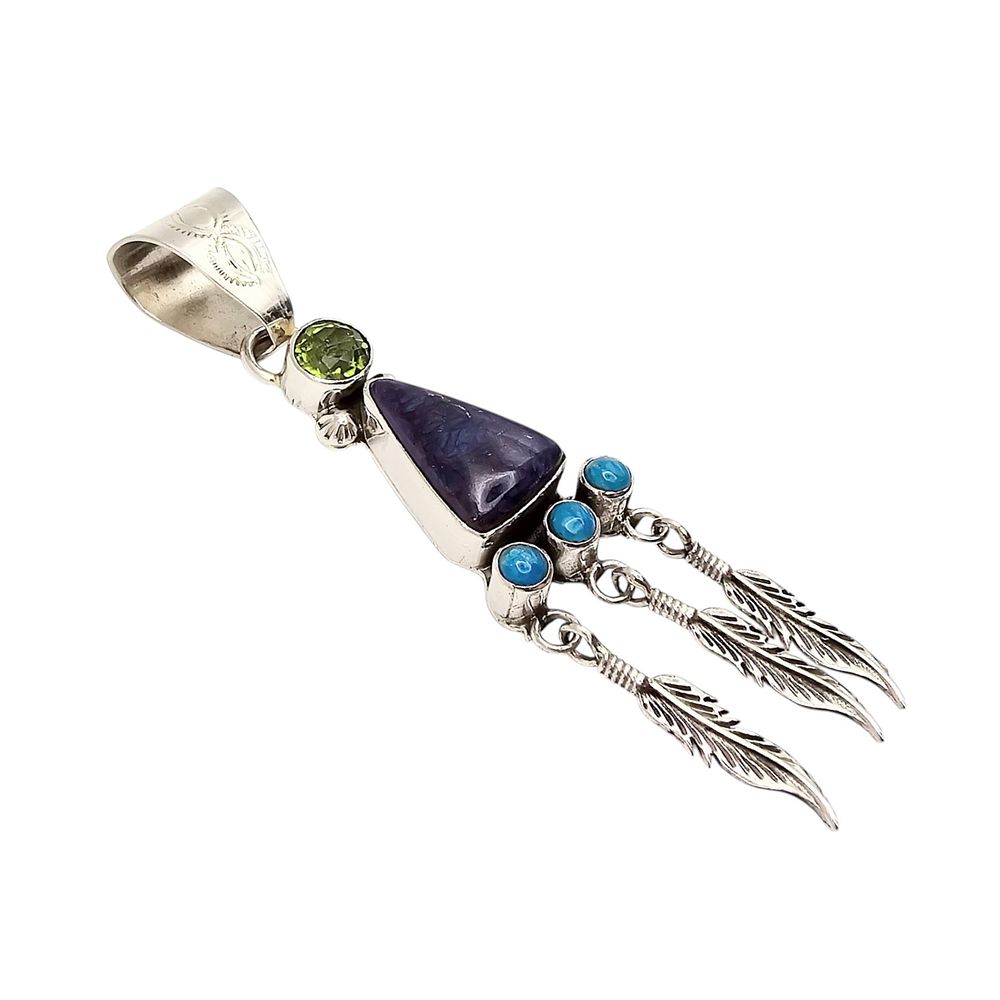 Lot 244: Navajo Sterling Silver Multi-Stone with Feather Dangles Pendant