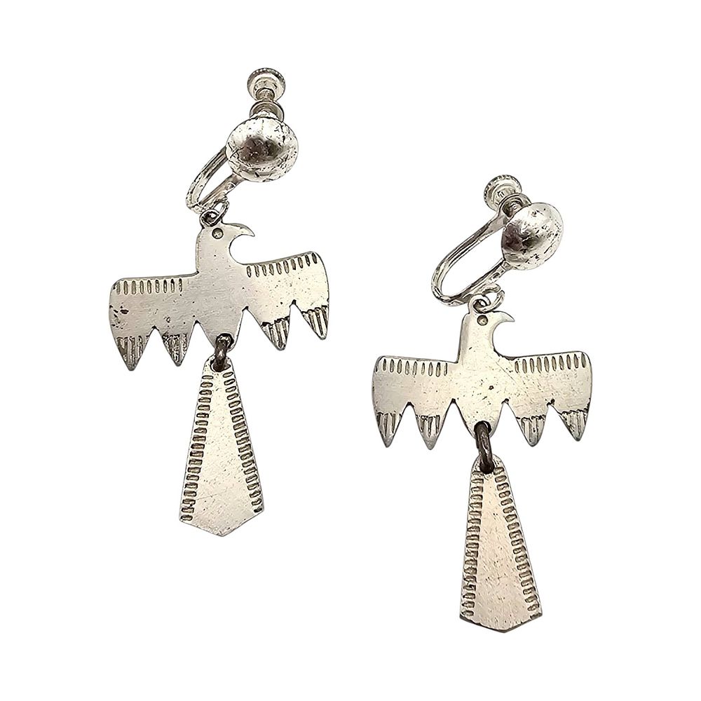 Lot 264: Navajo Sterling Silver Thunderbird Drop Earrings with Screw Backs