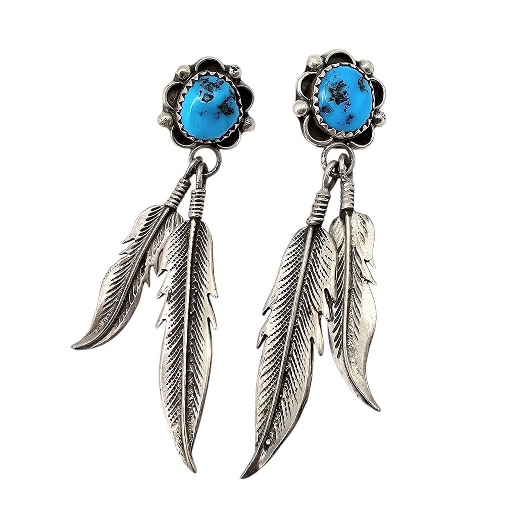 Lot 271: Navajo Turquoise Sterling Silver Feather Drop Earrings