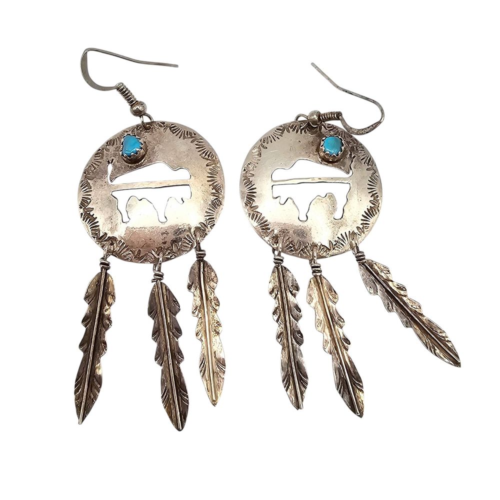Lot 366: Southwestern Sterling Silver Turquoise Accents Buffalo Cut-Out Earrings