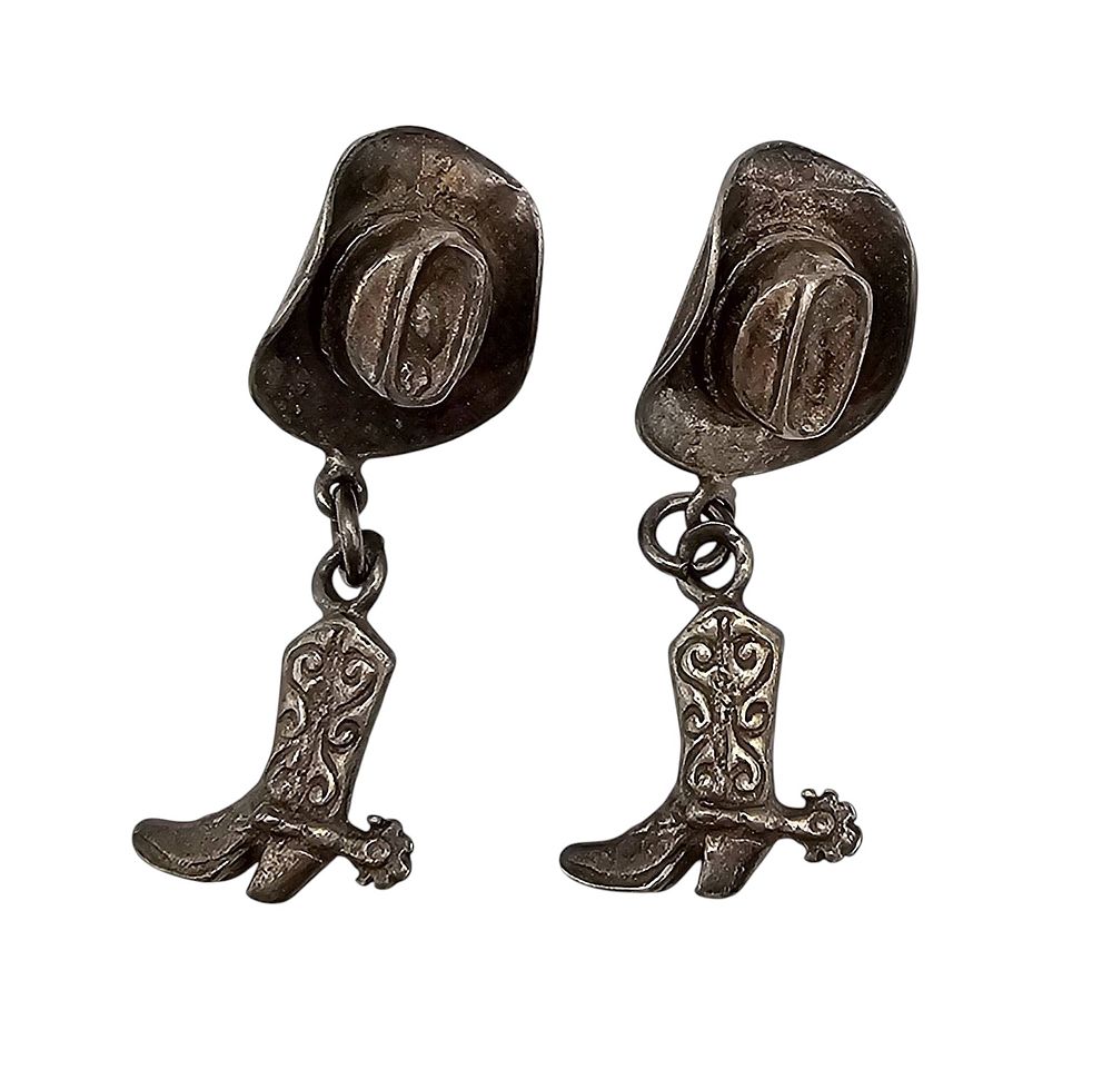 Lot 398: Southwestern Sterling Silver Cowboy Hat Boot Earrings
