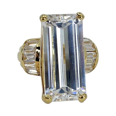 Signed Gold Over Sterling Rhinestone Emerald Cut Cocktail Ring 12g sz 5.75. Signed Gold Over 